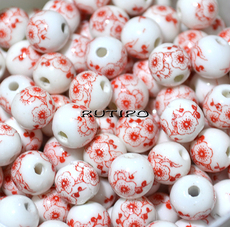 Bead with red flowers 8mm, pcs