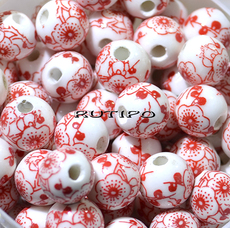 Bead with red flowers 10mm, pcs