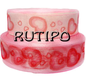 Organza ribbon pink with hearts, 25mm * 1m