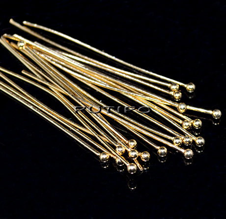 20шт, Пины с шариком 24k Gold, мед.сталь 40*0.7мм